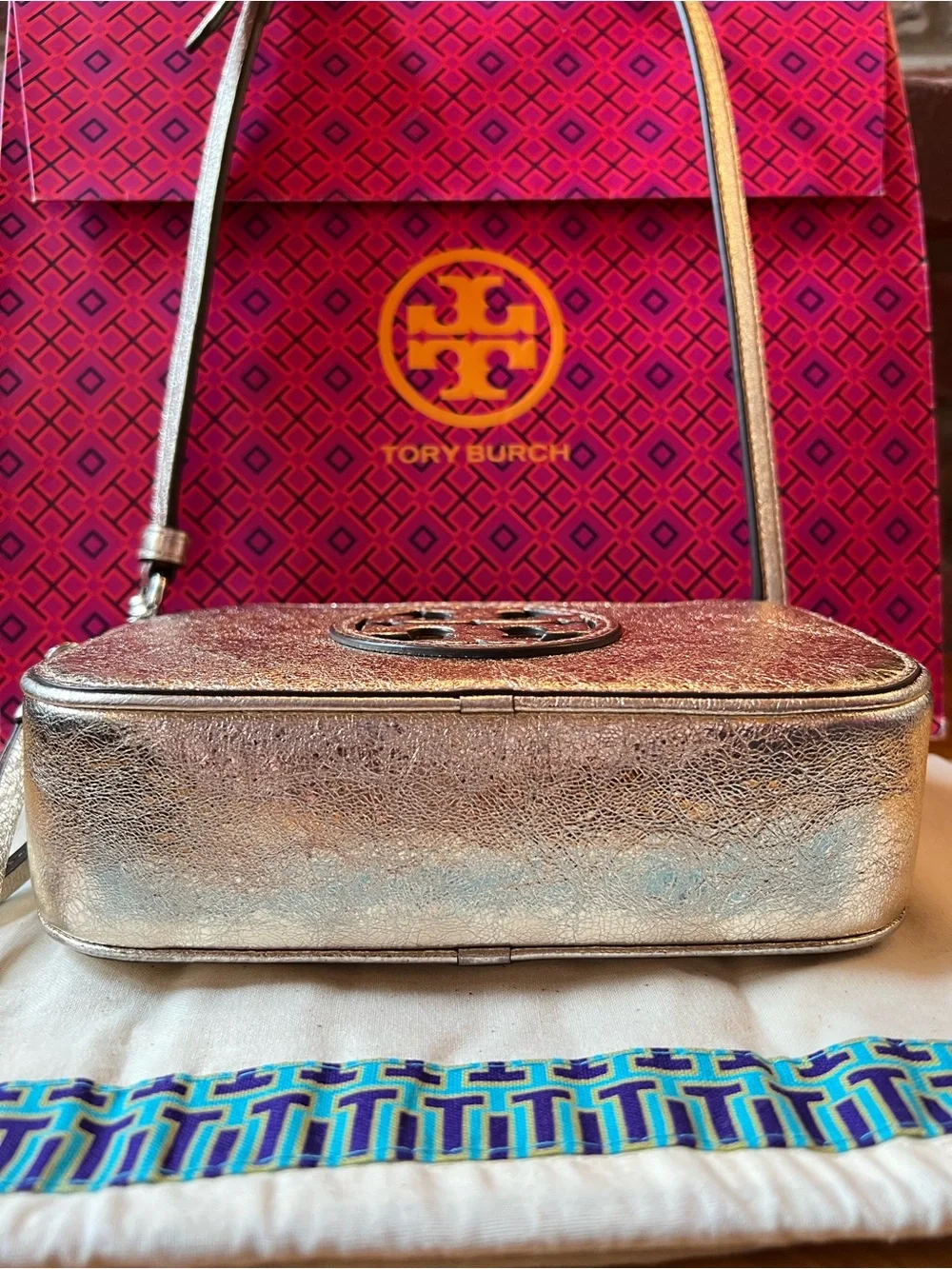 Tory Burch Gold Leather Miller Mini Metallic Crossbody Bag